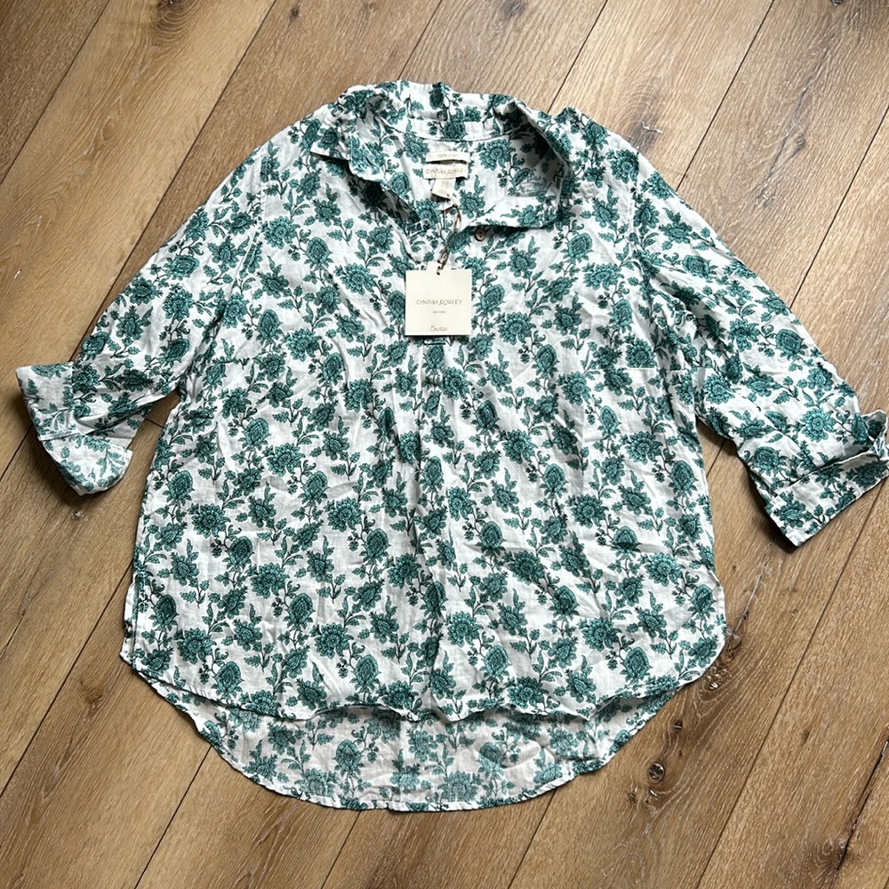Cynthia Rowley Women Linen 1X Top Blouse White Green Floral Pullover NWT